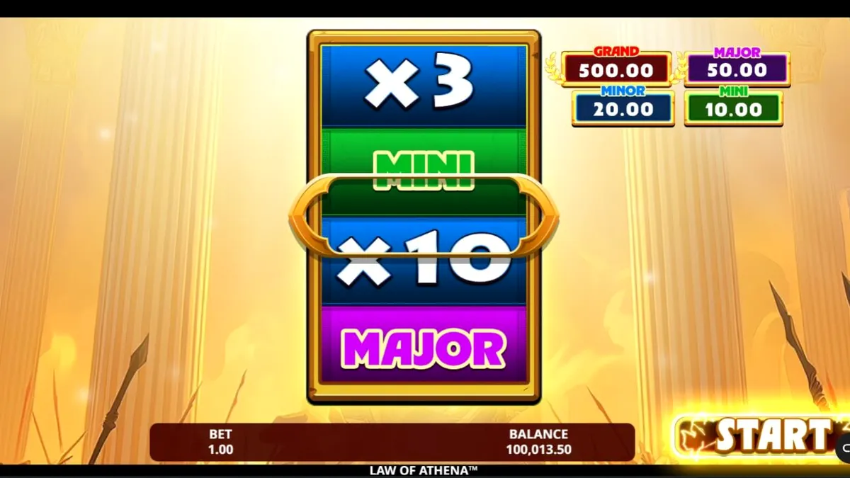 Law of Athena slot game interface featuring Greek mythology elements and golden aesthetic.